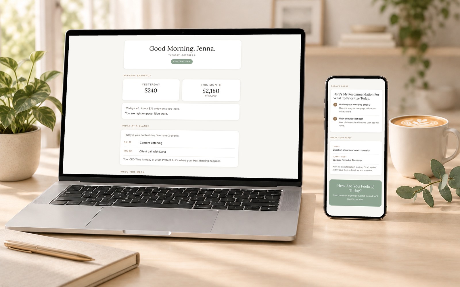 The Morning Coffee Brief shown on a laptop and phone: a Good Morning greeting, revenue snapshot, today's events, and today's focus with two clear priorities.
