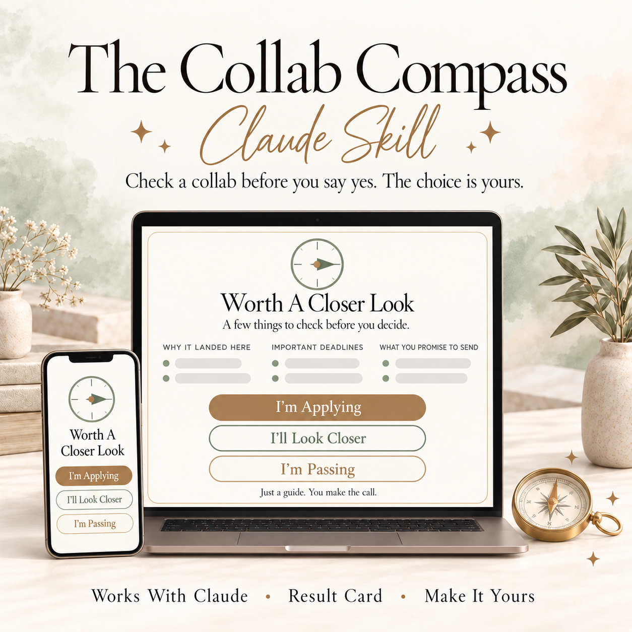 The Collab Compass on a laptop and phone, showing a result card with a compass and three buttons