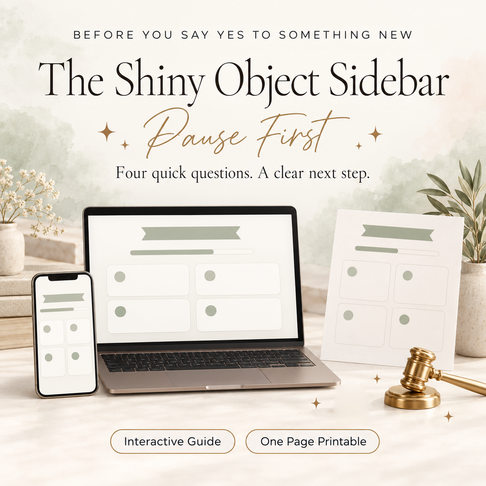 The Shiny Object Sidebar on a laptop, phone, and printable page, showing four quick questions