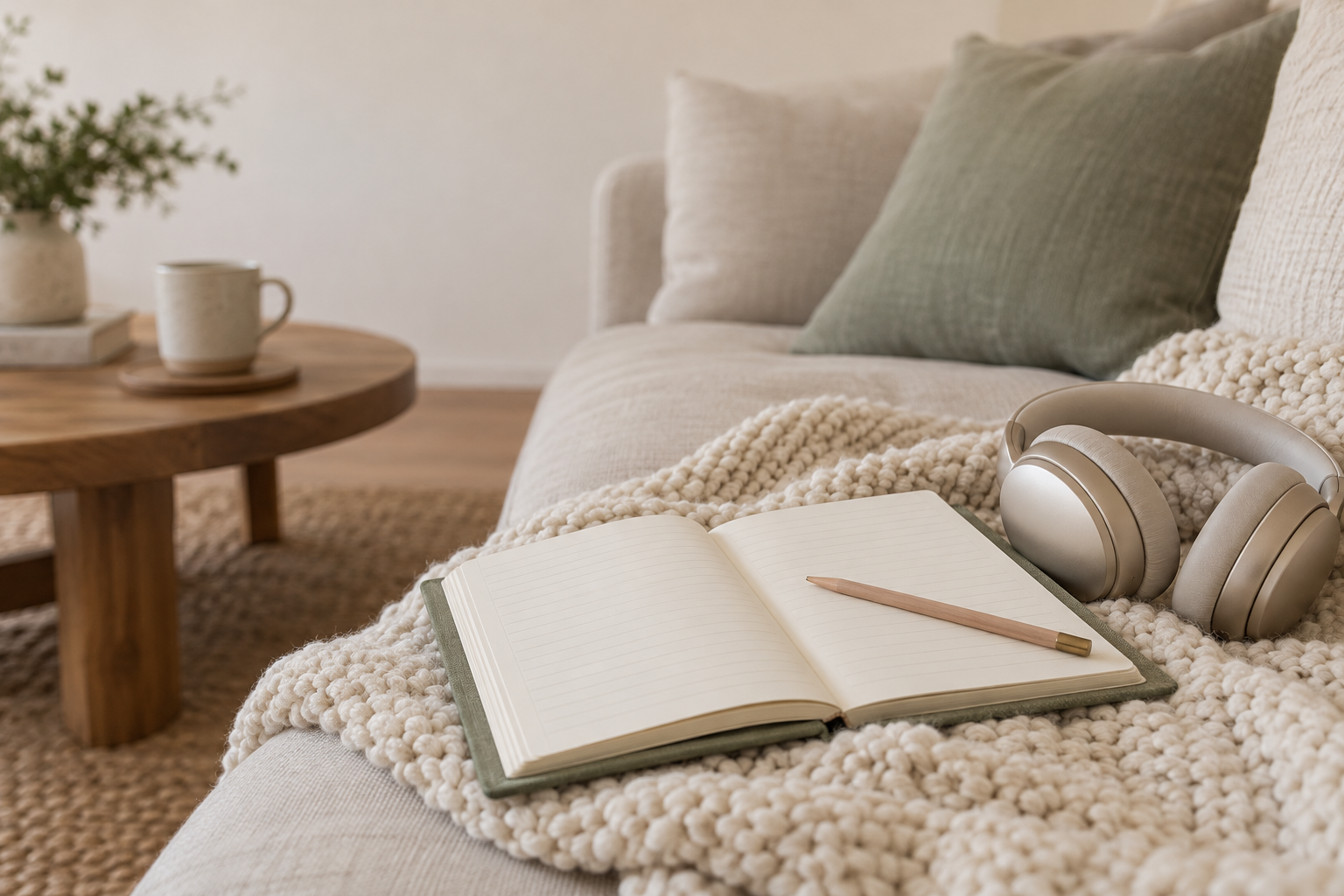 Open sage green planner and champagne headphones on a cream knit blanket in a cozy living room with a wooden coffee table